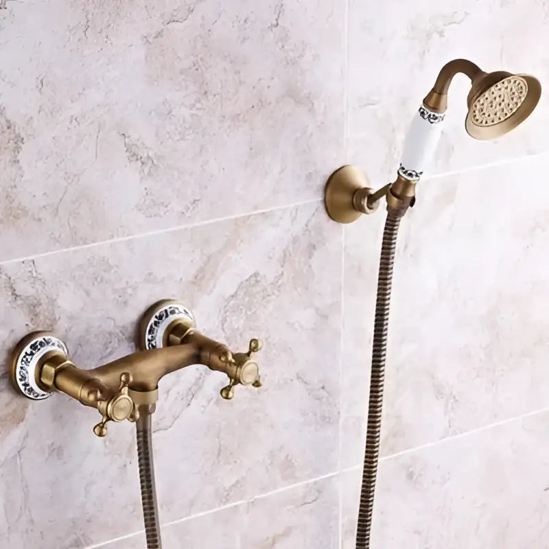 Antique brass bathtub shower set with ceramic handles bathroom mixer