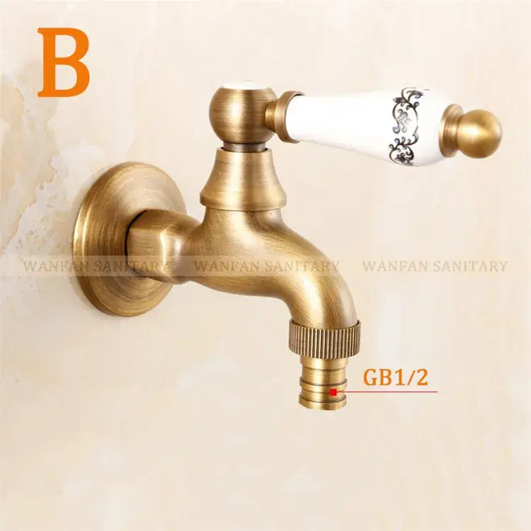 Antique brass bibcock faucet with floral ceramic handle garden tap