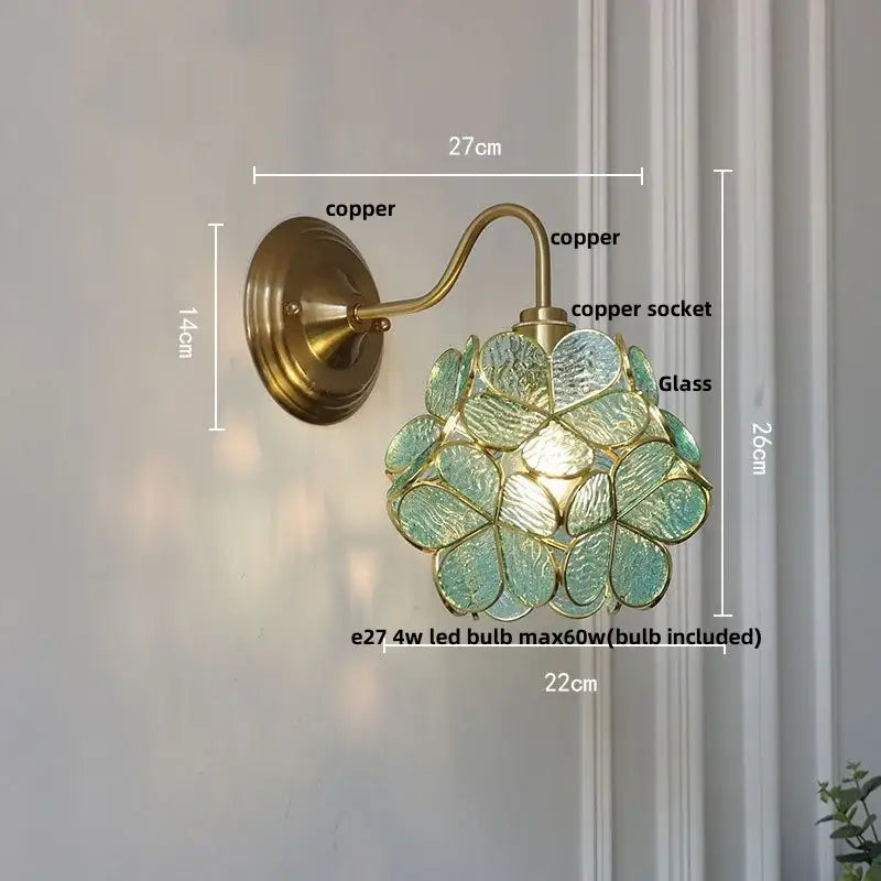 Antique brass blue flower glass led wall sconce bedroom light