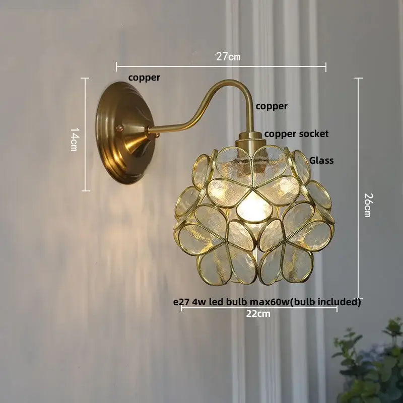Antique brass blue flower glass led wall sconce bedroom light