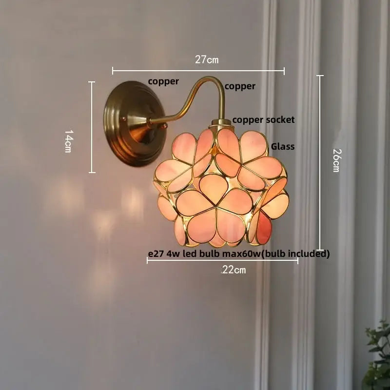 Antique brass blue flower glass led wall sconce bedroom light