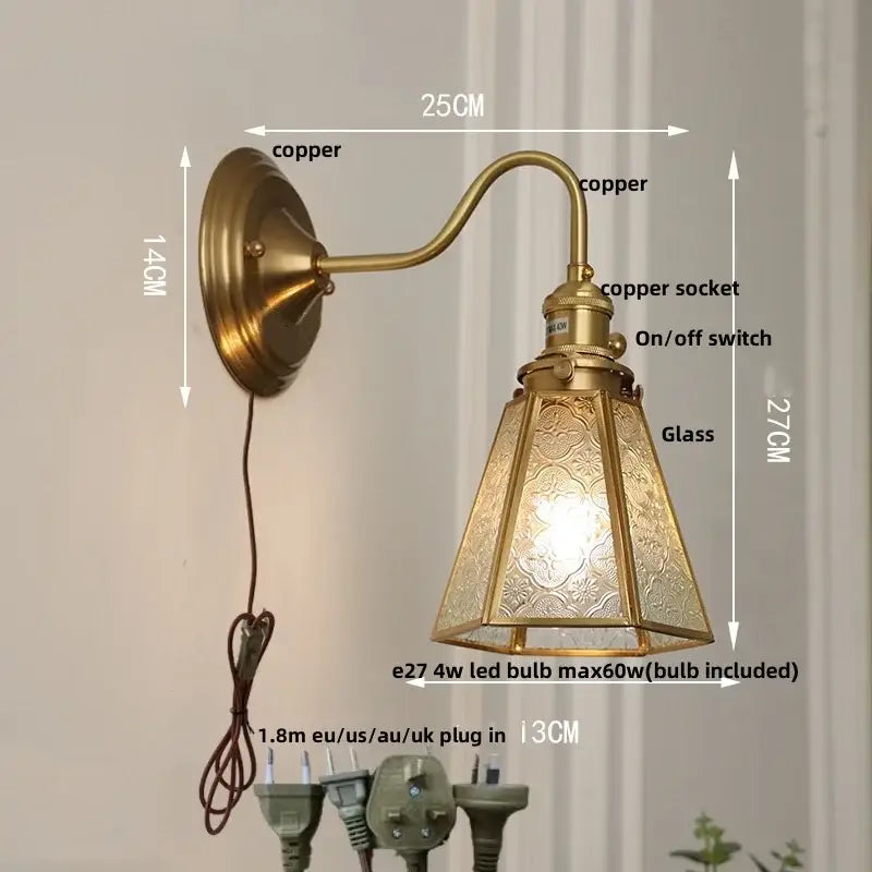 Antique brass blue flower glass led wall sconce bedroom light