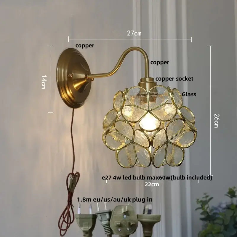 Antique brass blue flower glass led wall sconce bedroom light