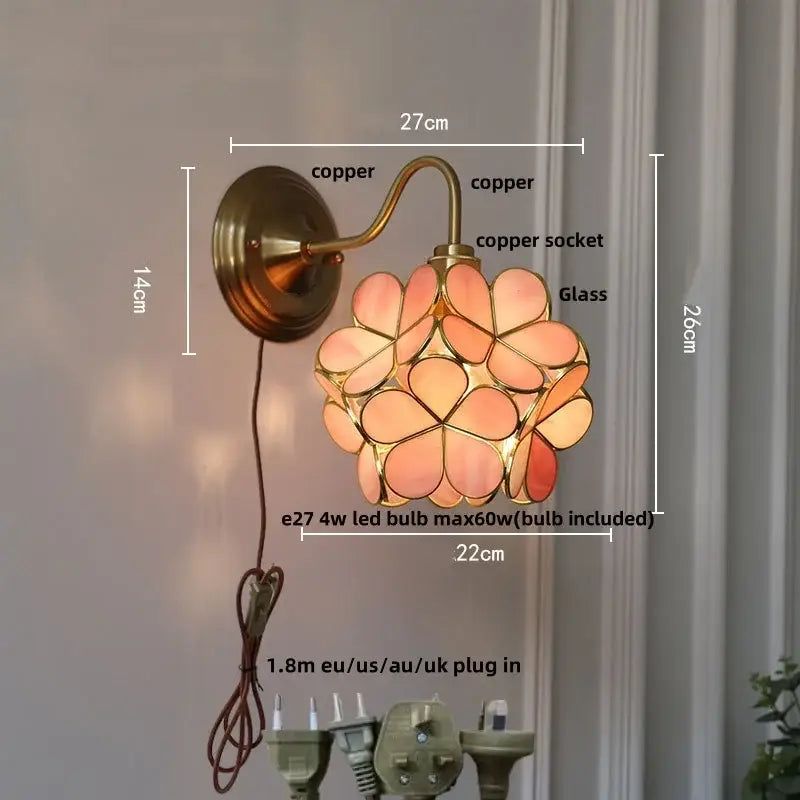 Antique brass blue flower glass led wall sconce bedroom light
