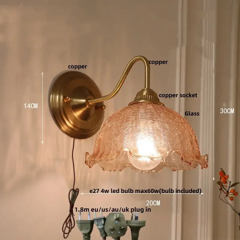 Antique brass blue flower glass led wall sconce bedroom light