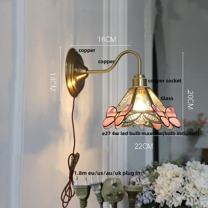 Antique brass blue flower glass led wall sconce bedroom light