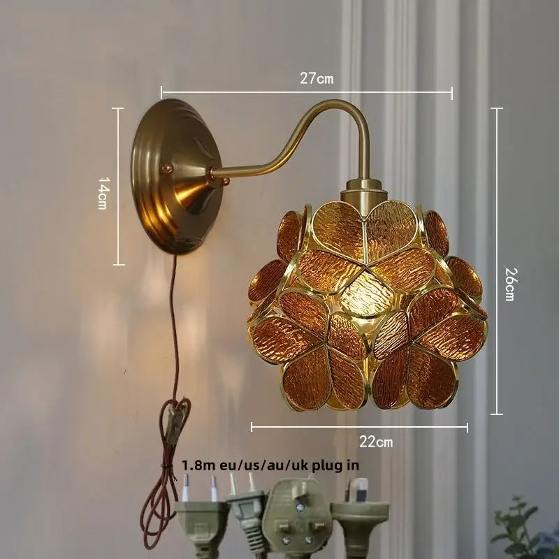 Antique brass blue flower glass led wall sconce bedroom light