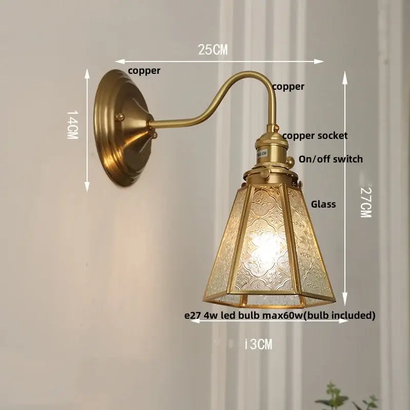 Antique brass blue flower glass led wall sconce bedroom light