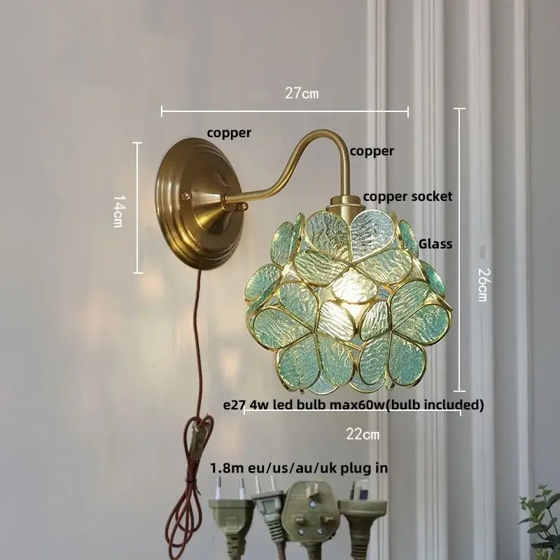 Antique brass blue flower glass led wall sconce bedroom light