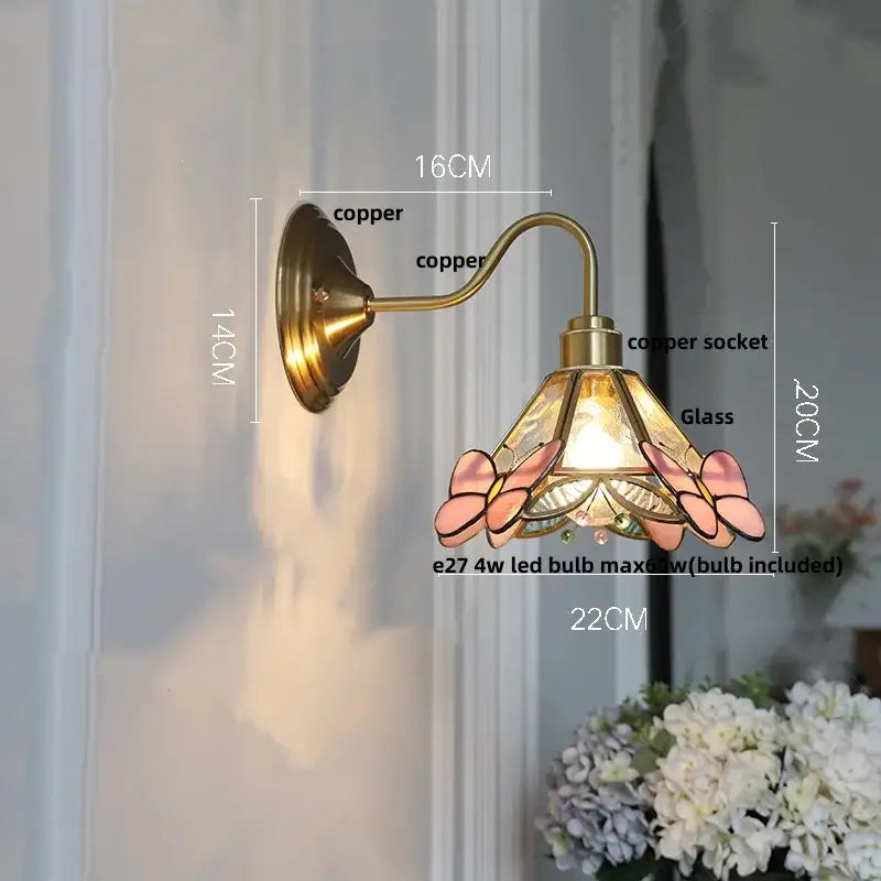 Antique brass blue flower glass led wall sconce bedroom light