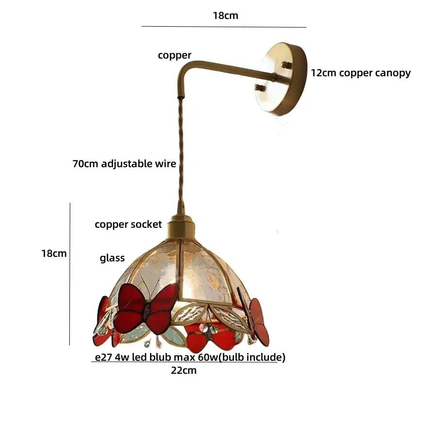 Antique brass butterfly glass led wall lights bedroom sconce