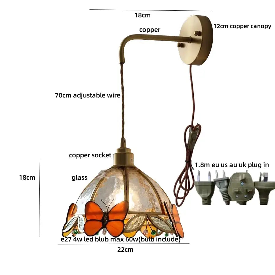 Antique brass butterfly glass led wall lights bedroom sconce