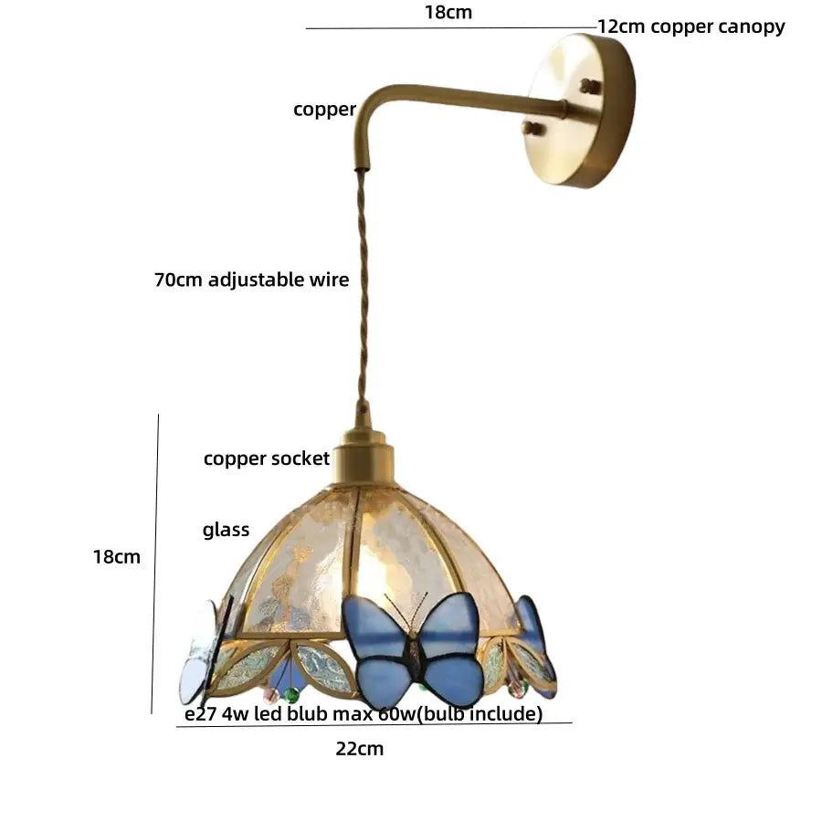 Antique brass butterfly glass led wall lights bedroom sconce