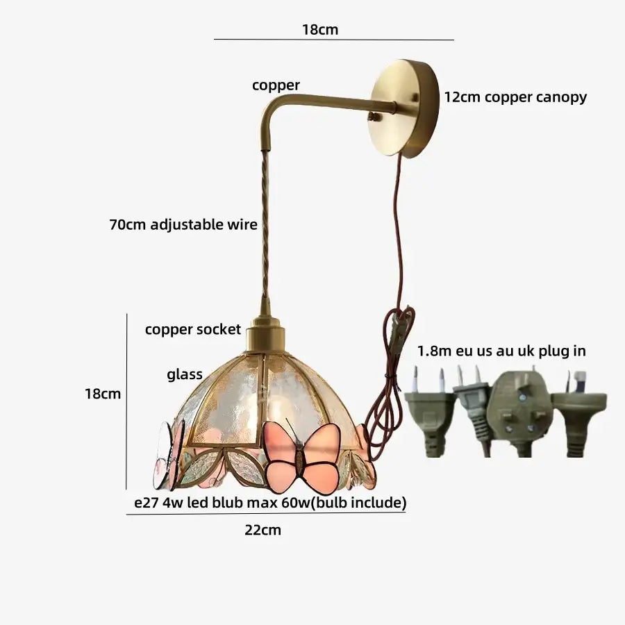 Antique brass butterfly glass led wall lights bedroom sconce