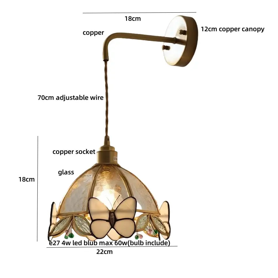 Antique brass butterfly glass led wall lights bedroom sconce