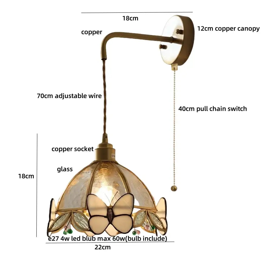 Antique brass butterfly glass led wall lights bedroom sconce