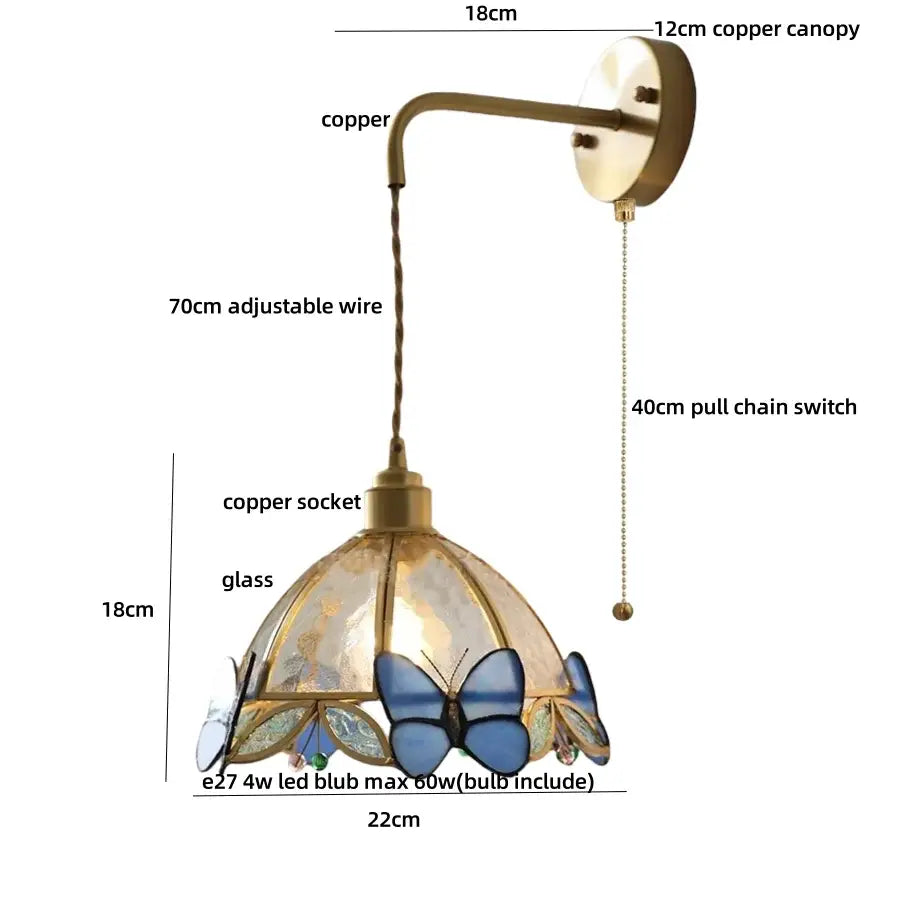 Antique brass butterfly glass led wall lights bedroom sconce