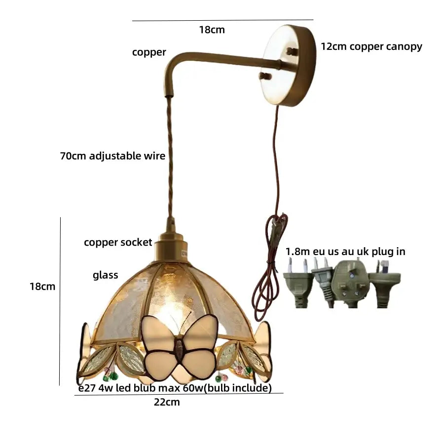 Antique brass butterfly glass led wall lights bedroom sconce