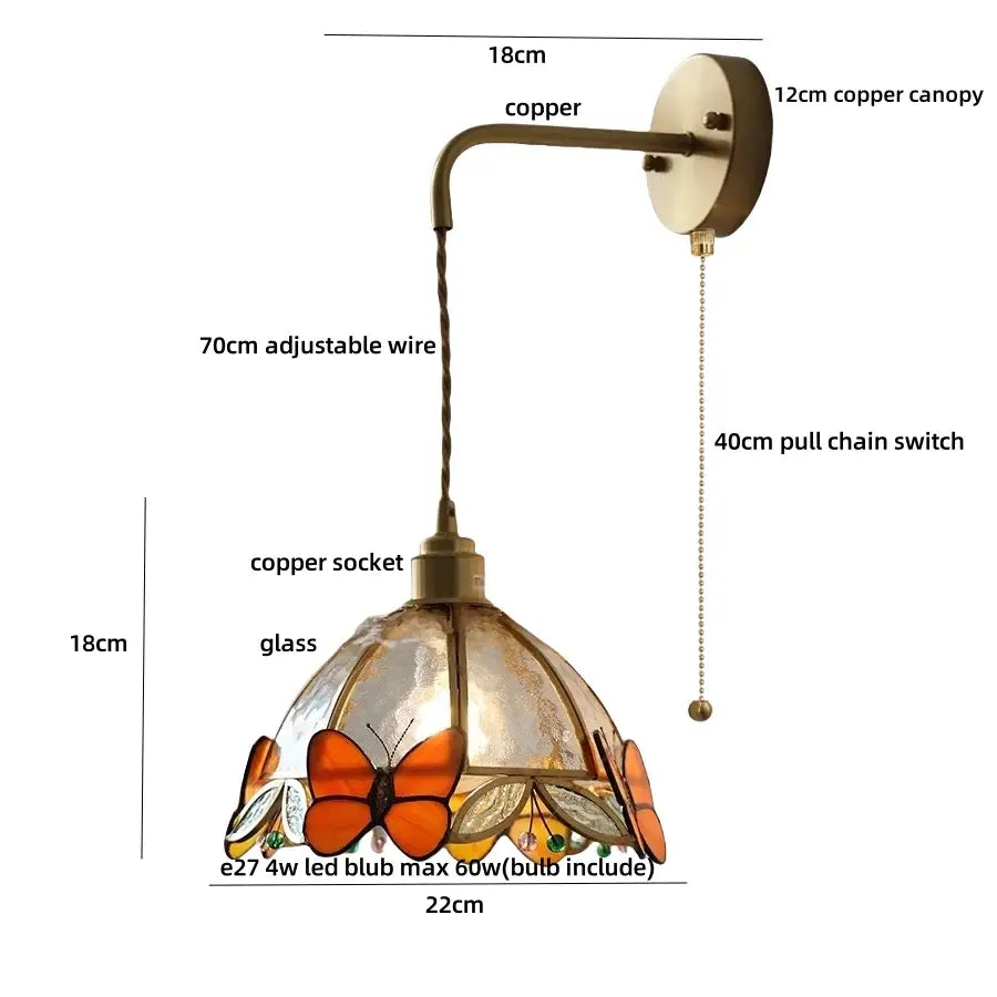 Antique brass butterfly glass led wall lights bedroom sconce