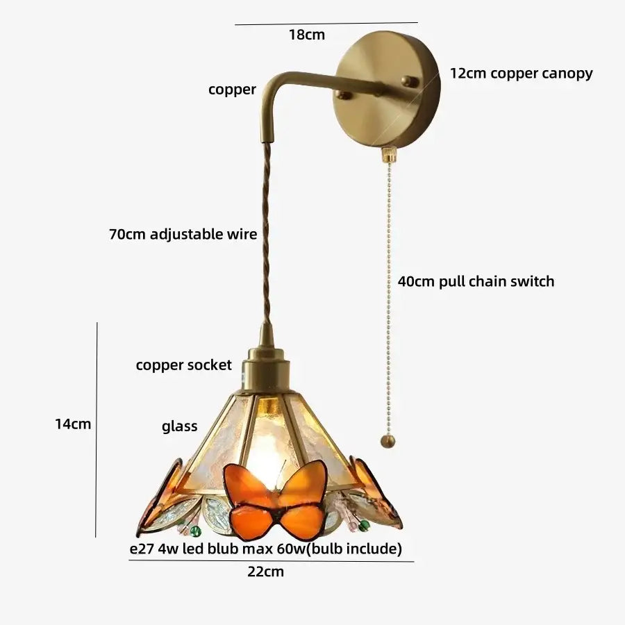 Antique brass butterfly glass led wall lights bedroom sconce