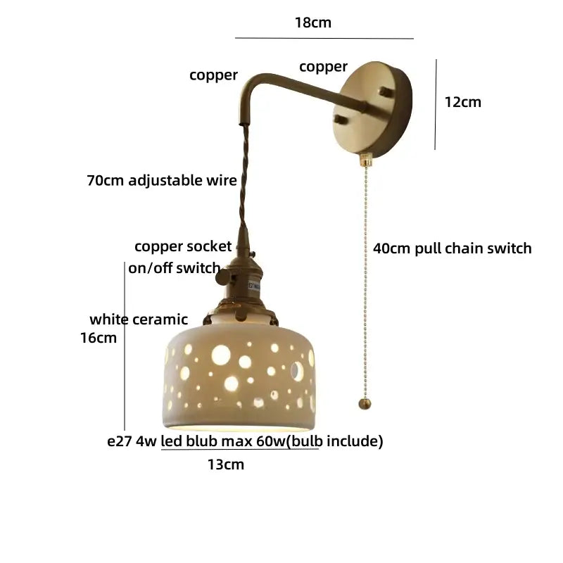 Antique brass ceramic led wall light bedroom sconce with cutouts