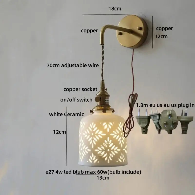 Antique brass ceramic led wall light bedroom sconce with cutouts