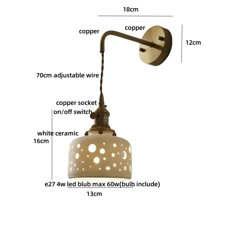 Antique brass ceramic led wall light bedroom sconce with cutouts