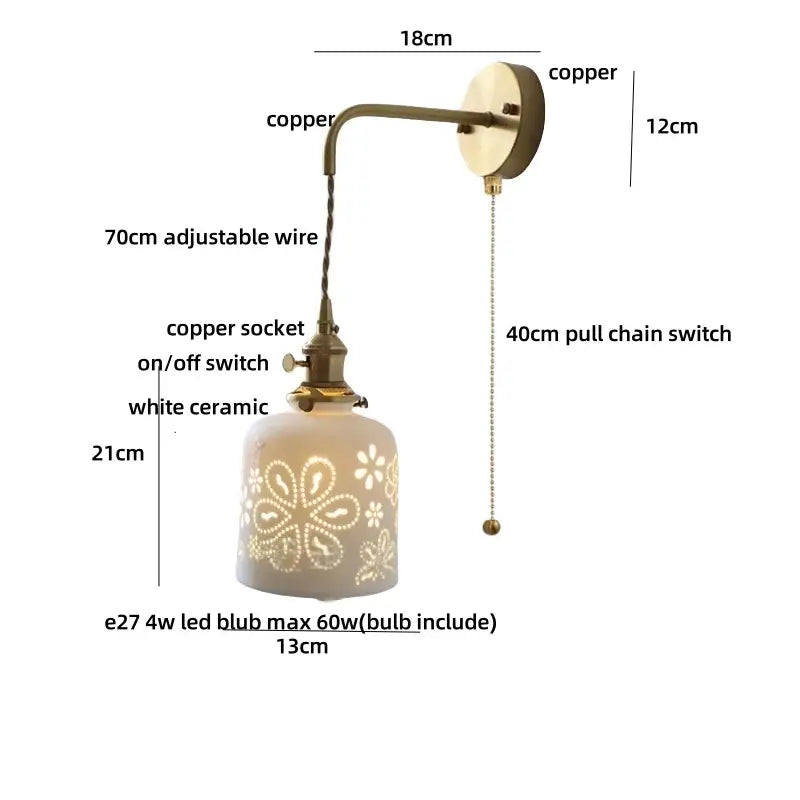 Antique brass ceramic led wall light bedroom sconce with cutouts