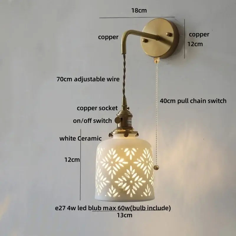 Antique brass ceramic led wall light bedroom sconce with cutouts
