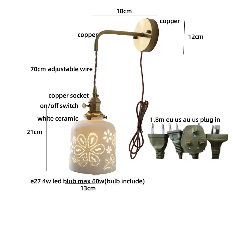 Antique brass ceramic led wall light bedroom sconce with cutouts