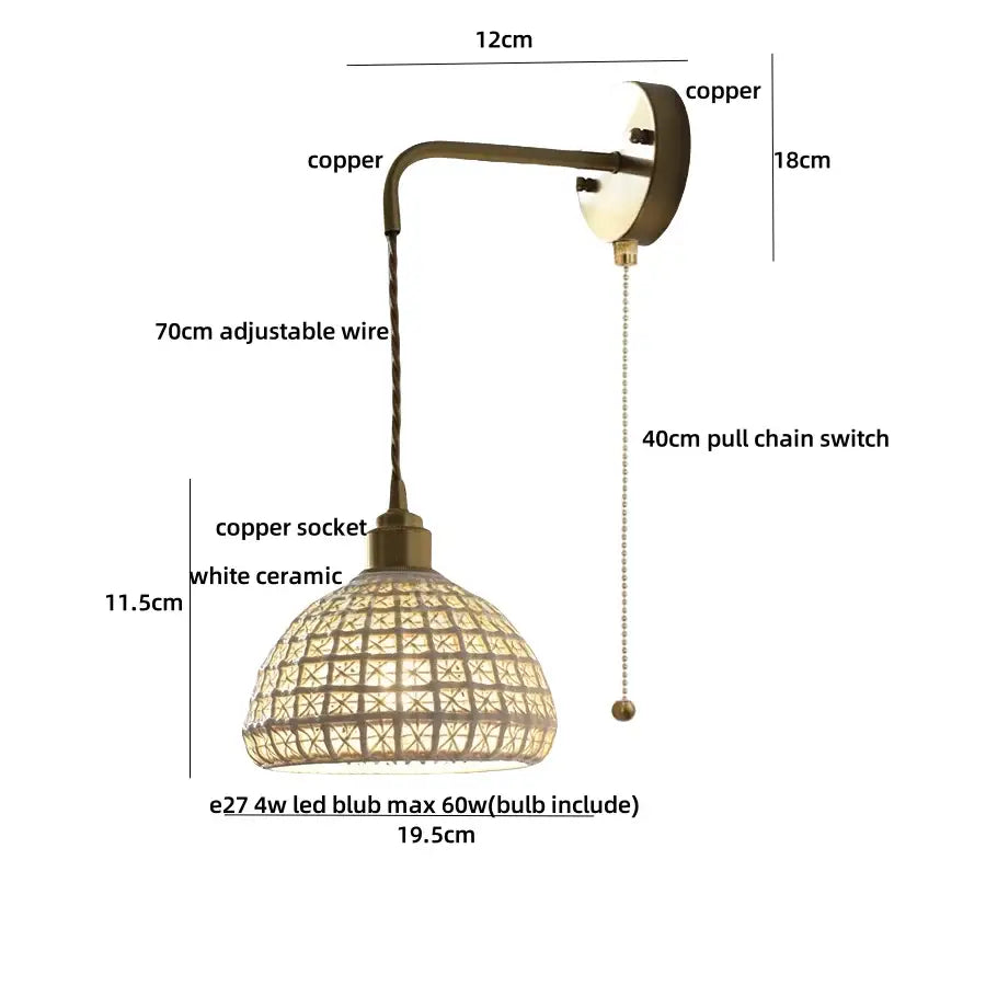 Antique brass ceramic led wall lights with rattan shade bedroom