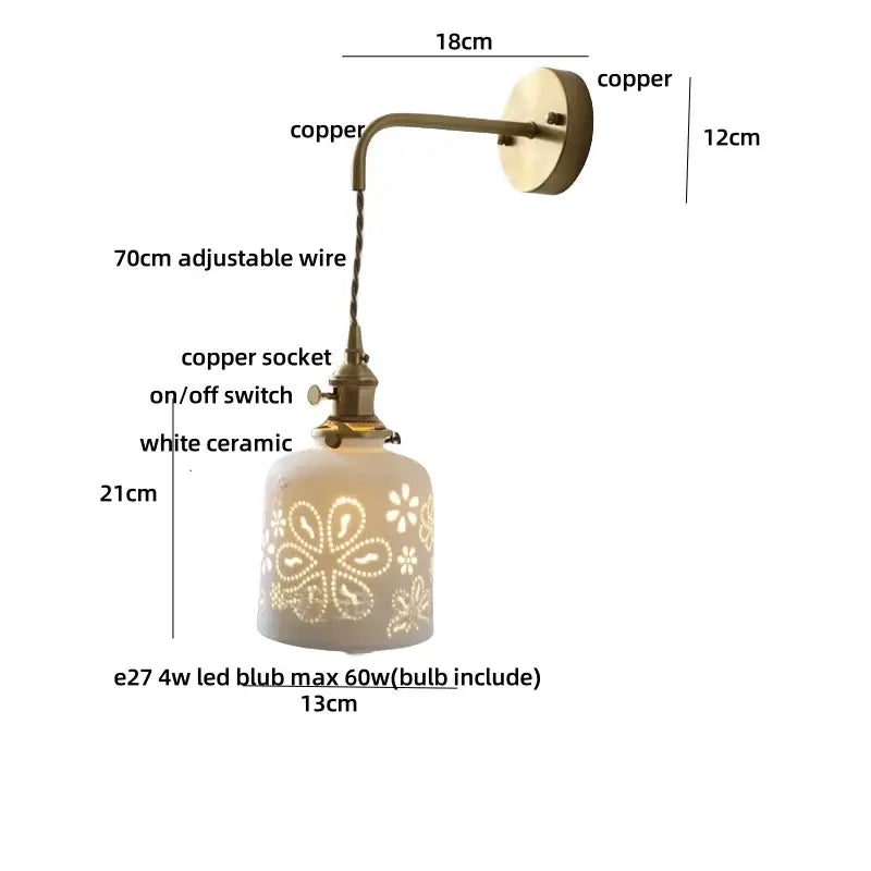 Antique brass ceramic led wall sconce with floral shade for bedroom