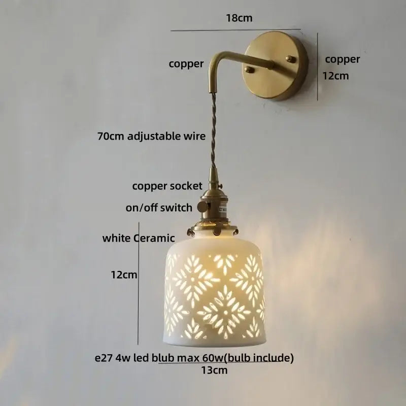 Antique brass ceramic led wall sconce with floral shade for bedroom