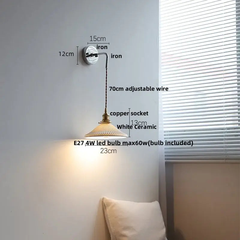 Antique brass ceramic led wall sconce with ribbed glass bedroom light