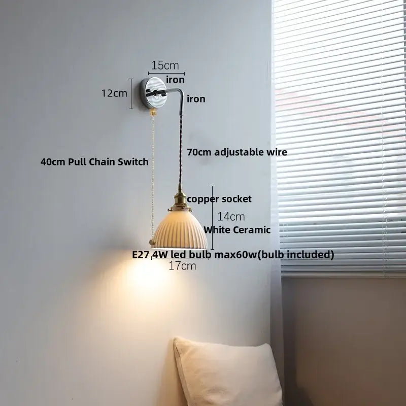 Antique brass ceramic led wall sconce with ribbed glass bedroom light