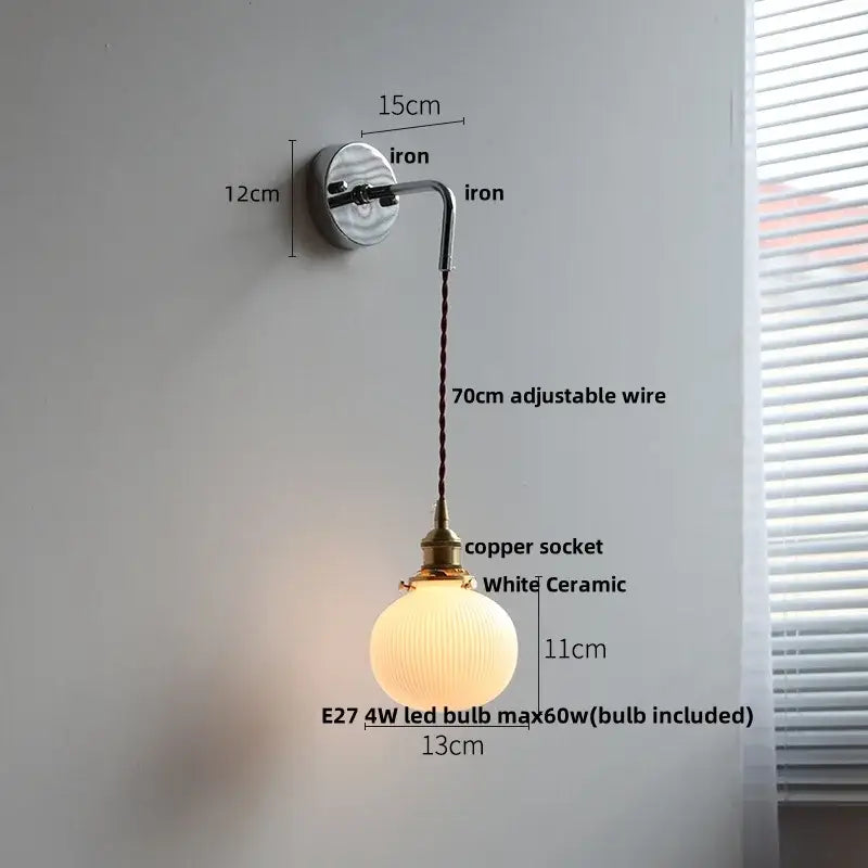 Antique brass ceramic led wall sconce with ribbed glass bedroom light