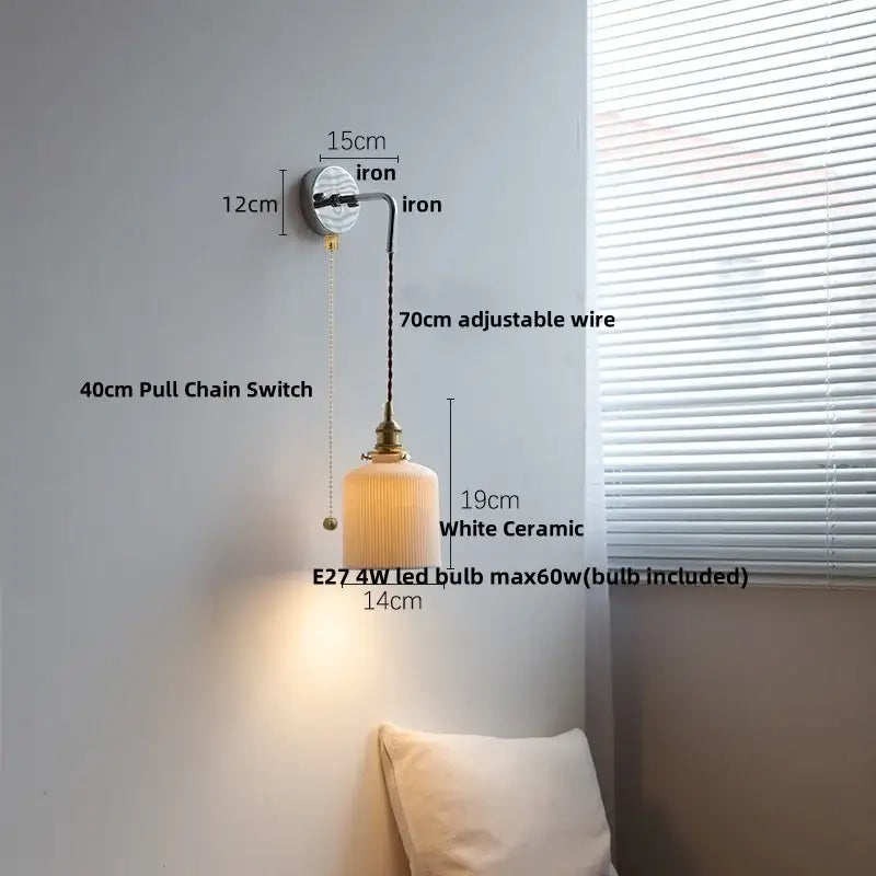 Antique brass ceramic led wall sconce with ribbed glass bedroom light