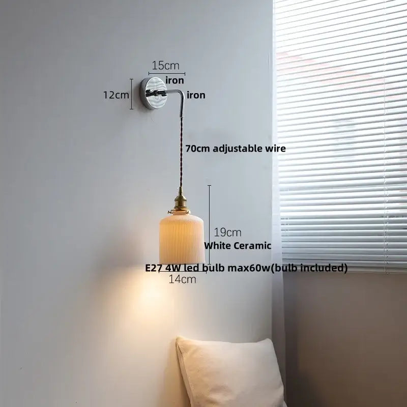 Antique brass ceramic led wall sconce with ribbed glass bedroom light