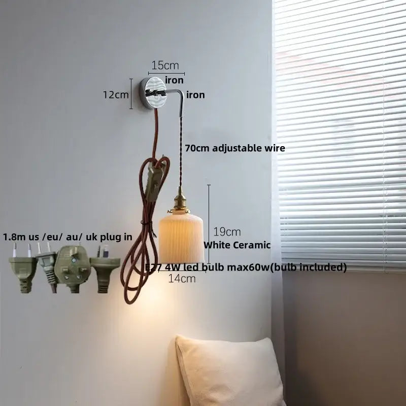 Antique brass ceramic led wall sconce with ribbed glass bedroom light