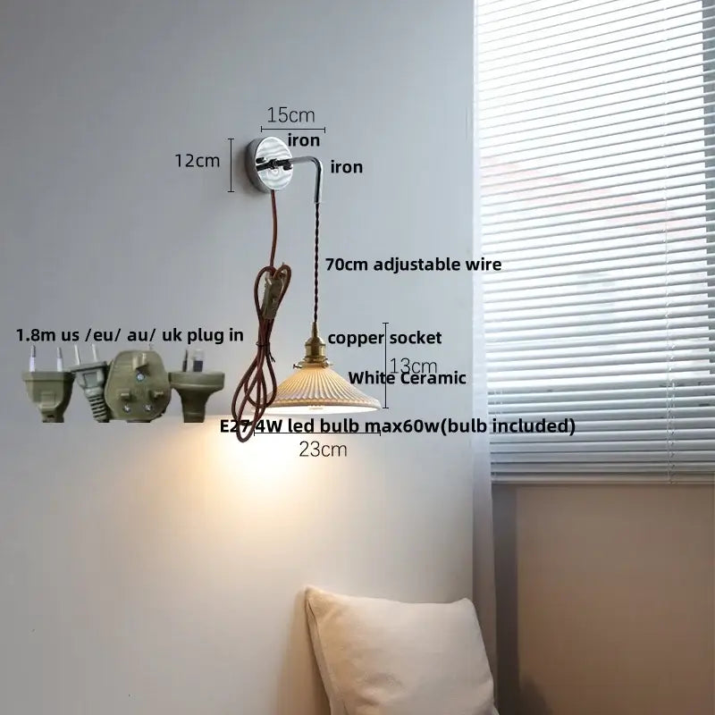 Antique brass ceramic led wall sconce with ribbed glass bedroom light