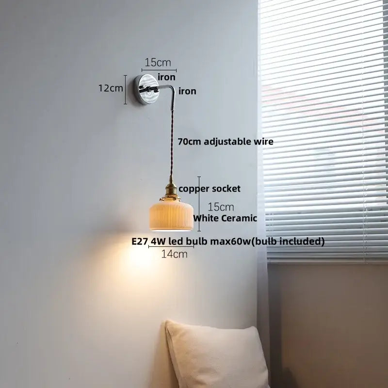 Antique brass ceramic led wall sconce with ribbed glass bedroom light