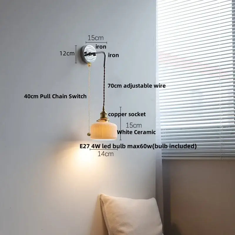 Antique brass ceramic led wall sconce with ribbed glass bedroom light