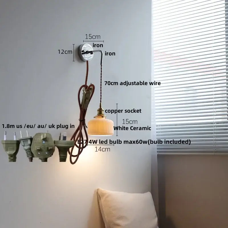 Antique brass ceramic led wall sconce with ribbed glass bedroom light