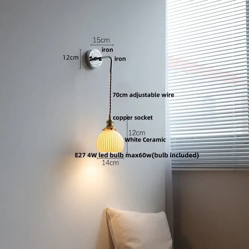 Antique brass ceramic led wall sconce with ribbed glass bedroom light