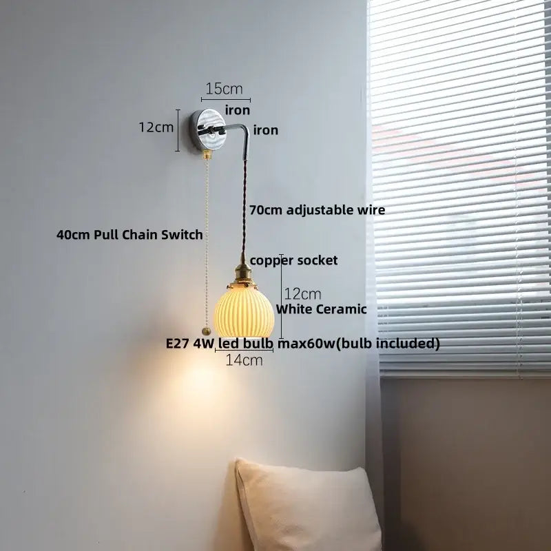 Antique brass ceramic led wall sconce with ribbed glass bedroom light