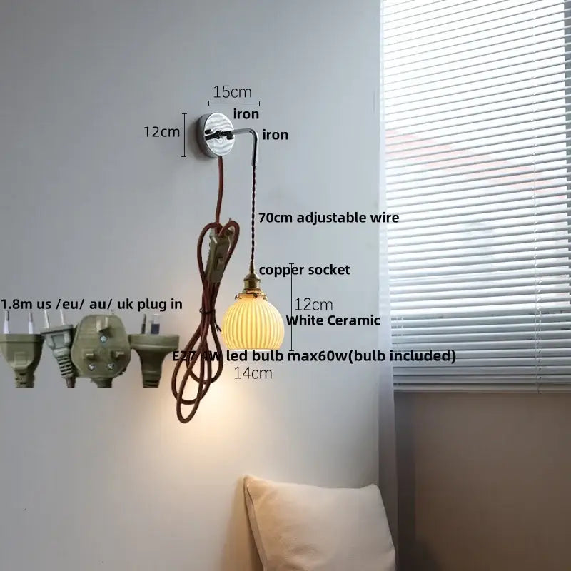 Antique brass ceramic led wall sconce with ribbed glass bedroom light