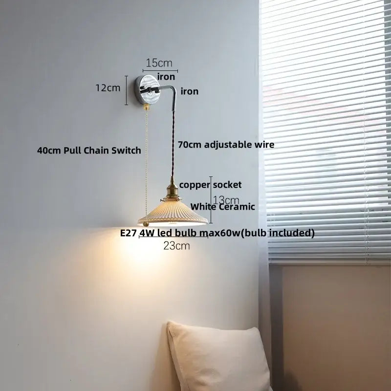 Antique brass ceramic led wall sconce with ribbed glass bedroom light