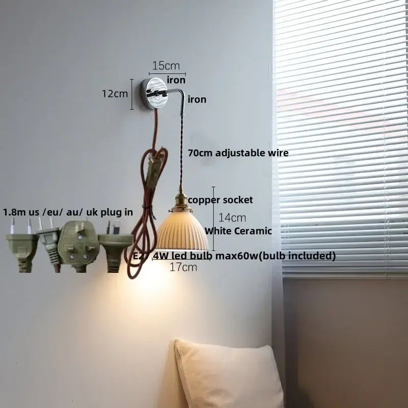 Antique brass ceramic led wall sconce with ribbed glass bedroom light