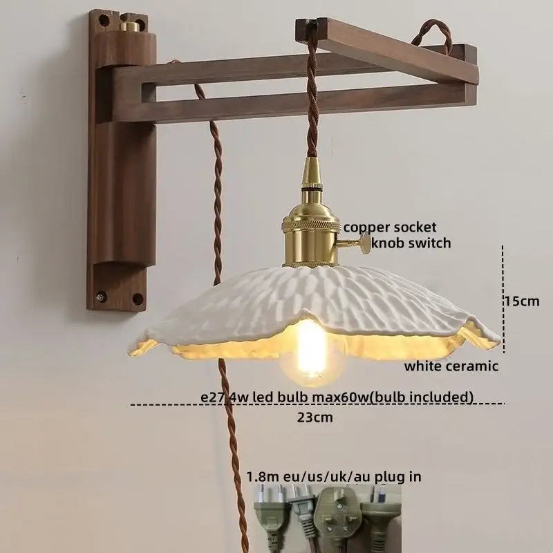 Antique brass ceramic walnut wall sconce with scalloped shade bedroom