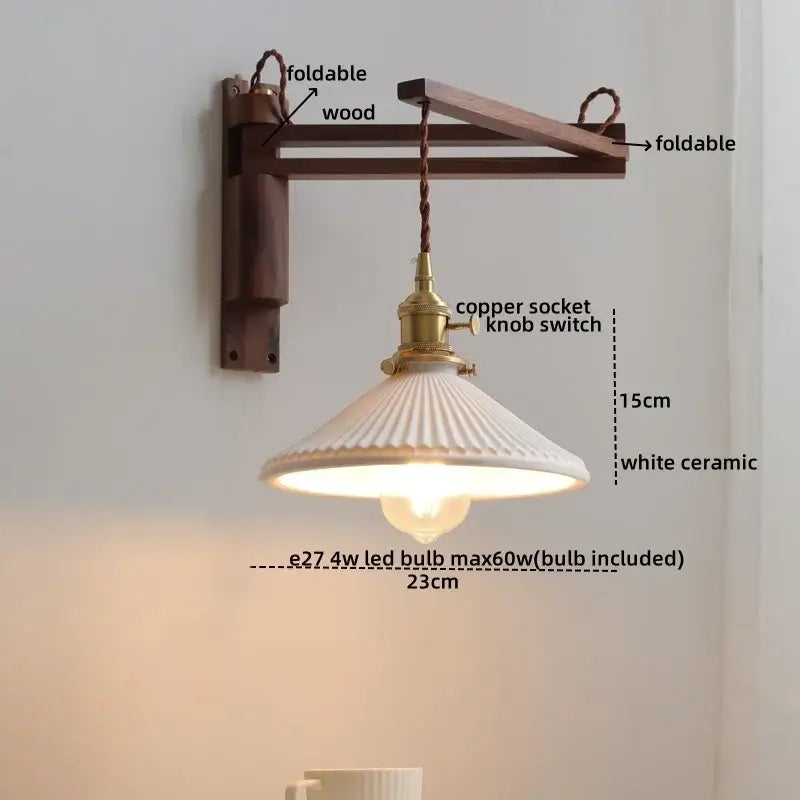 Antique brass ceramic walnut wall sconce with scalloped shade bedroom
